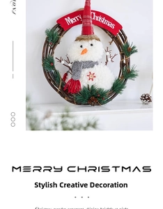 Close-up of snowman vine wreath with pine needles, red berries and Merry Christmas banner