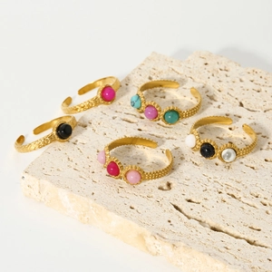 Set of 5 adjustable gold stainless steel rings with colorful natural stone beads