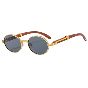 Vintage Oval Sunglasses Metal Frame Wood Texture Temples UV Protection Outdoor Travel Eyewear Fashion Trendy Unisex