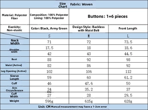 Guide des tailles pour blazer dos nu avec ceinture et mesures détaillées en cm