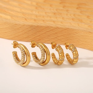 18K gold plated stainless steel twisted rope and double hoop earrings with crystals