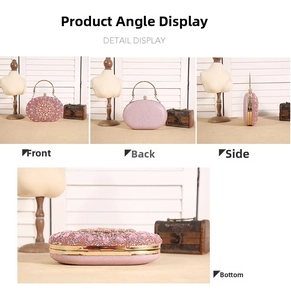 Detailed four-way view of pink crystal evening clutch with floral rhinestone patterns