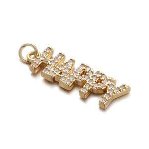 Detail of gold plated HAPPY letter pendant with sparkling clear cubic zirconia stones