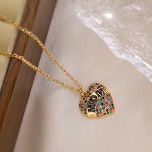 18K gold-plated heart pendant necklace with colorful crystals and MOM engraving for women