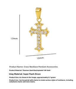 Macro shot of 18K gold plated titanium cross pendant with sparkling zircon micro-inlay