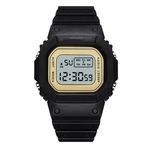 Waterproof digital sports watch with black resin strap and gold rectangular dial frame