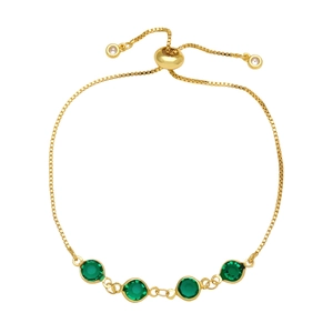 Adjustable gold bracelet with emerald green crystals and sliding box chain clasp
