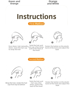 Guide showing two methods to wear the microfiber hair towel with buttons and elastic straps