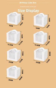 Size chart showing multiple dimensions for white windowed paper birthday cake boxes