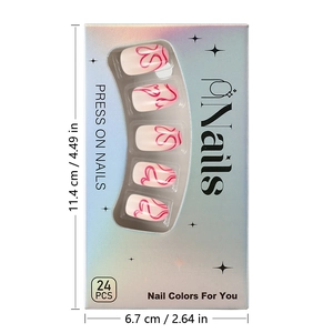 Detail of holographic packaging for pink heart almond press-on nails with 24 pieces
