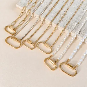 Gold plated stainless steel necklace set with various chains and oval clasp pendants