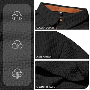 Polo noir en maille gaufrée pour hommes avec col contrasté et coutures détaillées