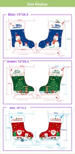Detailed dimension chart of Christmas boot-shaped gift bags in blue, green, and red sizes