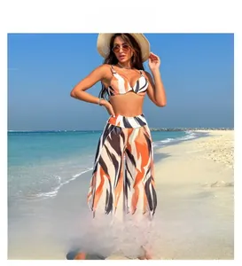 Three-piece bikini set with geometric pattern top and high-waist wide-leg beach trousers