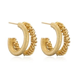 Minimalist gold-plated C-shaped earrings with dual-row frosted and spiral metal texture