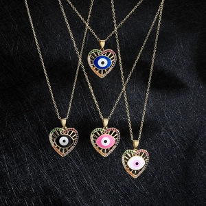 Evil Eye Heart Pendant Necklace Copper 18K Gold Plated Rainbow Zircon Enamel Romantic Jewelry For Women