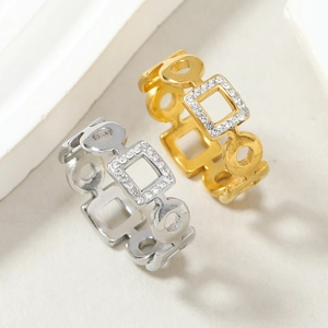 Elegant gold and silver stainless steel rings with hollow square and round rhinestone design