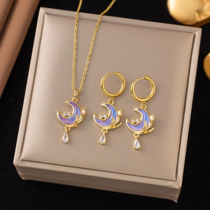 Stainless Steel Dreamy Moon Pendant Necklace Hook Earrings Jewelry Set For Women Gold Plated Enamel Rhinestone Accessory Gift