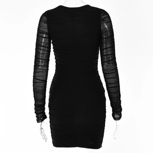 Back view of black long-sleeve ruched bodycon dress on a mannequin with mesh texture