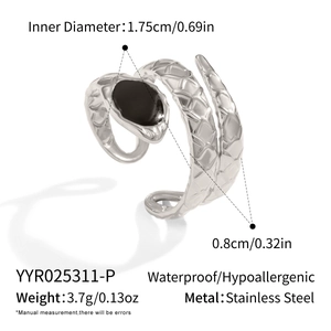 Detailed view of silver snake ring with textured scales and size specifications