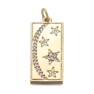 Gold-plated moon and star pendant necklace with zircons and enamel on white background