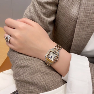 Detail einer quadratischen Quarzuhr mit römischen Ziffern und zweifarbigem Metallarmband