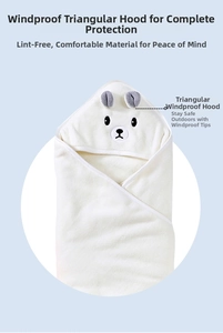 Detail of white hooded baby towel with a cute bear face design and windproof hood
