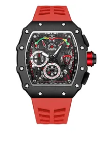 Close-up of a PIN TIME men's tonneau watch with red silicone strap and skeleton dial