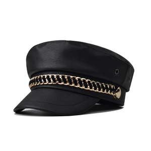 Women Baker Boy Hat PU Leather Vintage Newsboy Cap With Gold Chain Retro Navy Style Military Flat Top Fashion Accessory