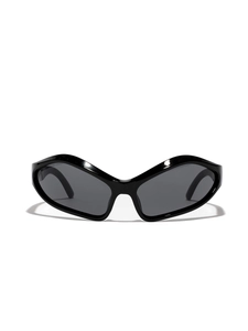Y2K fashion batwing wrap sunglasses with glossy black frame and dark lenses