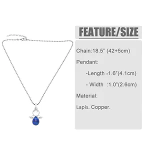 Size chart showing lapis lazuli angel pendant dimensions and chain length details