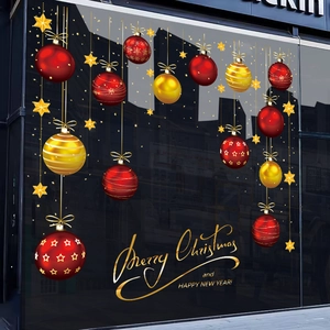 Christmas window decals with red and gold baubles and star ornaments for holiday decoration