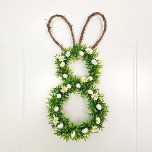 Easter Bunny Wreath Artificial Green Leaves Rattan Ears Speckled Eggs Daisy Flower Front Door Wall Hanging Spring Decor