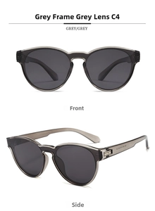 Detailed front and side views of grey translucent sunglasses with UV protection lenses