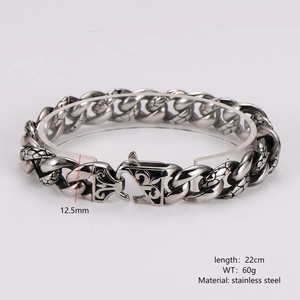 Retro stainless steel leopard link chain bracelet for men with silver finish on white base