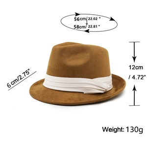 Close-up of a camel felt fedora with 12cm height and 6cm brim size specifications