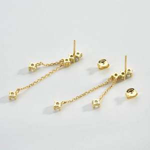 Long gold tassel earrings in S925 sterling silver with sparkling white zircon stones