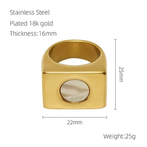 Detail view of square gold ring with dimensions, weight and 18k gold plating info
