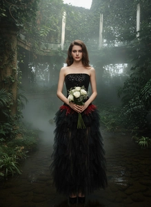 Detail of black sequin bodice and vibrant red feather accent on an evening gown