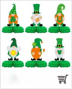 6-piece St. Patrick's Day gnome honeycomb centerpiece set with shamrock and gold coin motifs