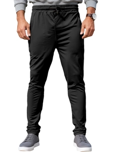 Front view of men's black joggers with drawstring waist and functional zipper pockets