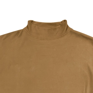 Close-up of a camel mock neck long sleeve shirt showing soft brushed fleece texture