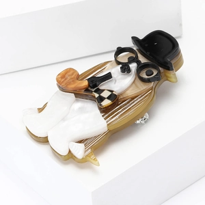 Gentleman owl acrylic brooch featuring marble texture and mini smoking pipe on white stand