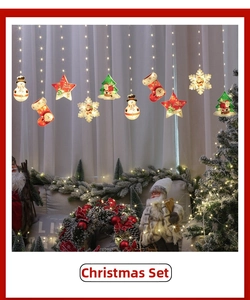 Close-up of LED Christmas string lights with Santa, snowman and snowflake charms