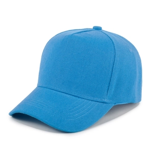 Detail view of the sky blue cotton twill texture on a structured 5-panel baseball cap
