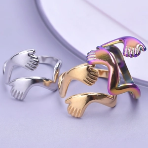 Vintage embrace hand open ring in silver gold and rainbow stainless steel colors