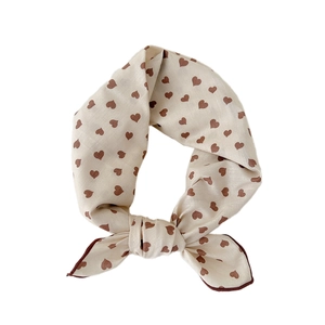 Beige cotton linen small square scarf with brown heart pattern for hair or neck styling