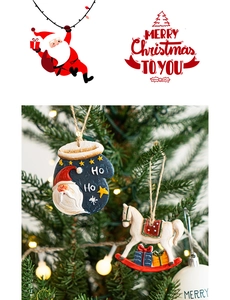 Detailed retro Christmas tree ornaments featuring a resin blue glove and a rocking horse