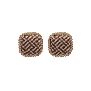 Houndstooth pattern square stud earrings with crystal halo and gold metal frame