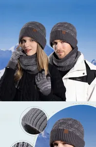 Winter knit set including hat, scarf, and gloves with fleece lining and ribbed texture